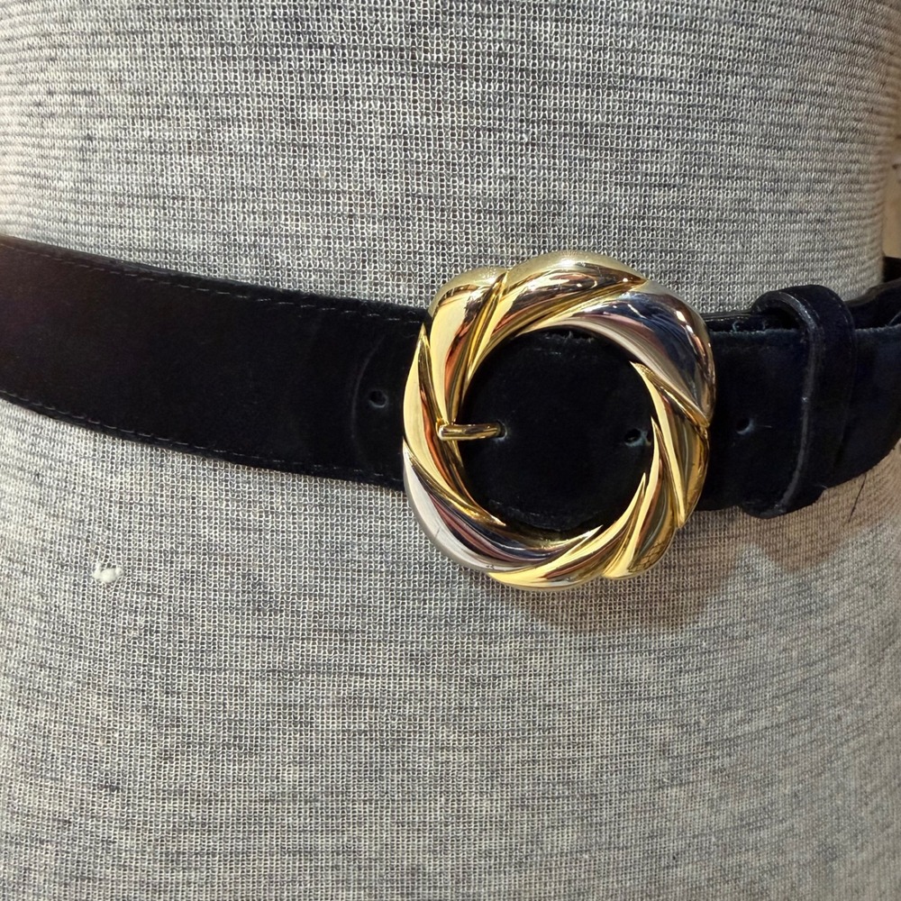 Vintage Black Suede Leather Belt‎ Gold Silver Interlocking Buckle 2707 Size 2